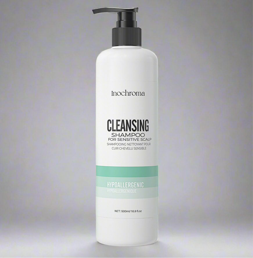 Inochroma cleansing shampoo bottle on a gray background