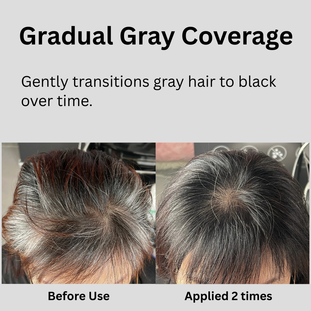 Before and after comparison of gray hair coverage with text indicating gradual transition.