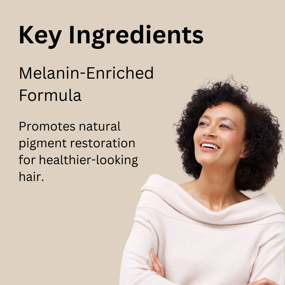 Woman with natural hair against a beige background with text about melanin-enriched formula.
