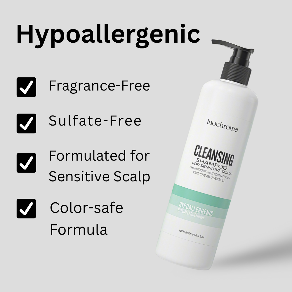 Inochroma cleansing shampoo bottle with hypoallergenic features listed on a light gray background