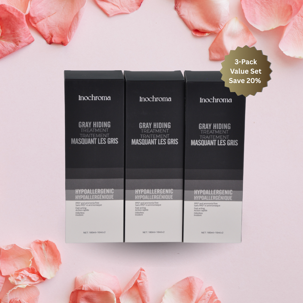 Three boxes of Inochroma Gray Hiding Treatment on a pink floral background