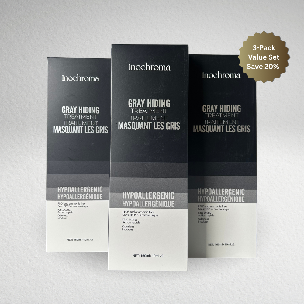 Inochroma gray hiding treatment packaging on a light gray background