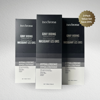 Inochroma gray hiding treatment packaging on a light gray background