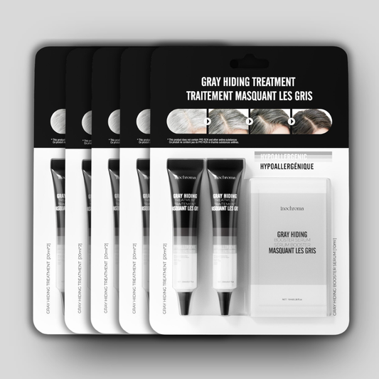 Packaging of gray hiding treatment with black and white design on a light gray background