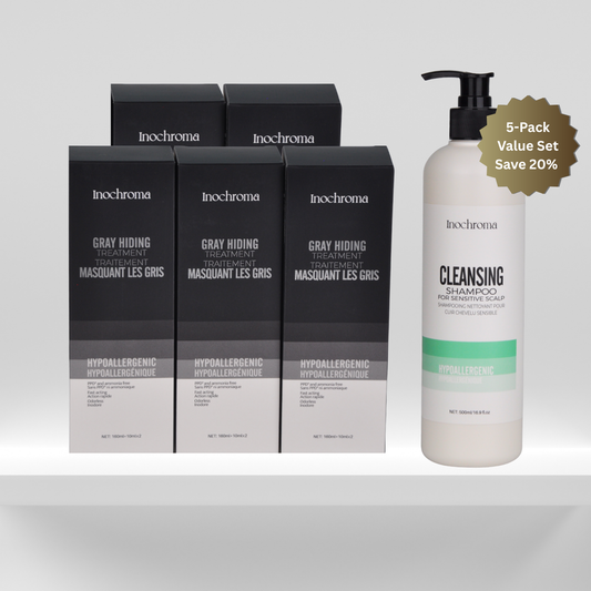 Inochrome hair care products including boxes and a bottle on a light gray background