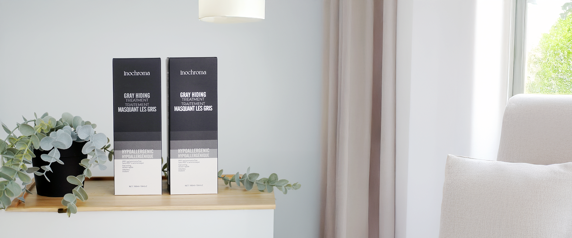 Two black and white boxes on a wooden surface with a light gray wall and plant in the background.