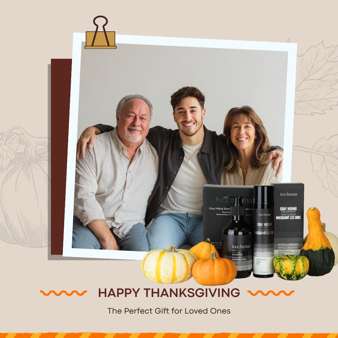 Family photo with a Thanksgiving theme, featuring pumpkins and a product display.