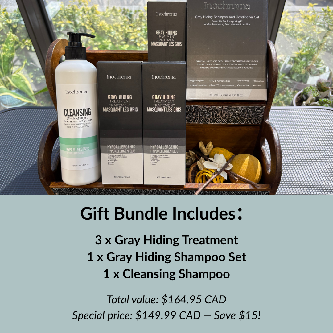 Gift bundle with hair care products including shampoo, conditioner, and treatment on a tray.