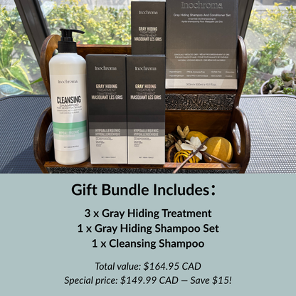 Gift bundle with hair care products including shampoo, conditioner, and treatment on a tray.