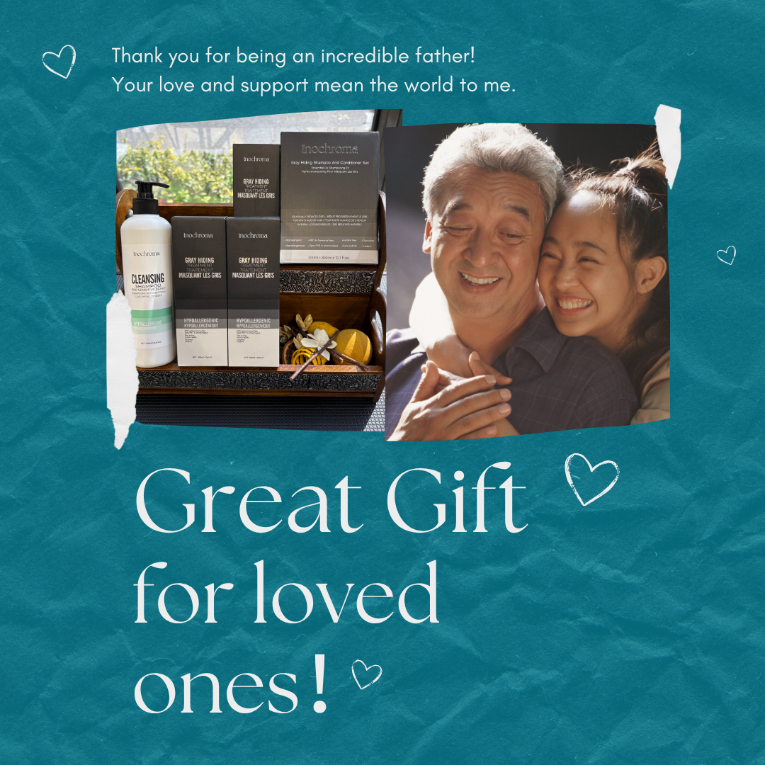 Gift set with a photo of a man and woman hugging, text expressing gratitude to a father, and text 'Great Gift for loved ones!' on a blue background.
