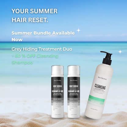 Hair care products with a beach background and promotional text.