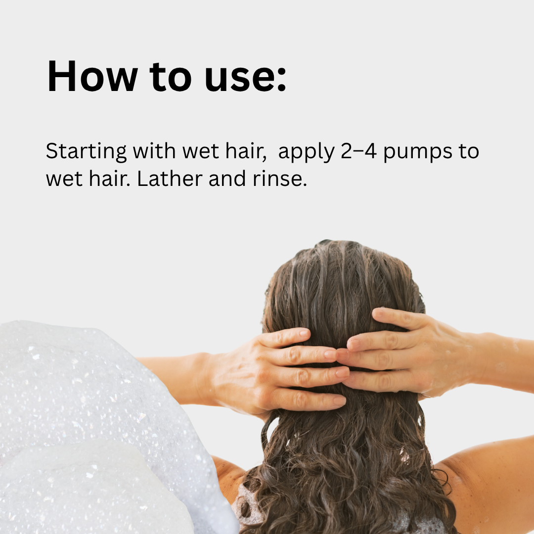 Person applying hair product with text on how to use it