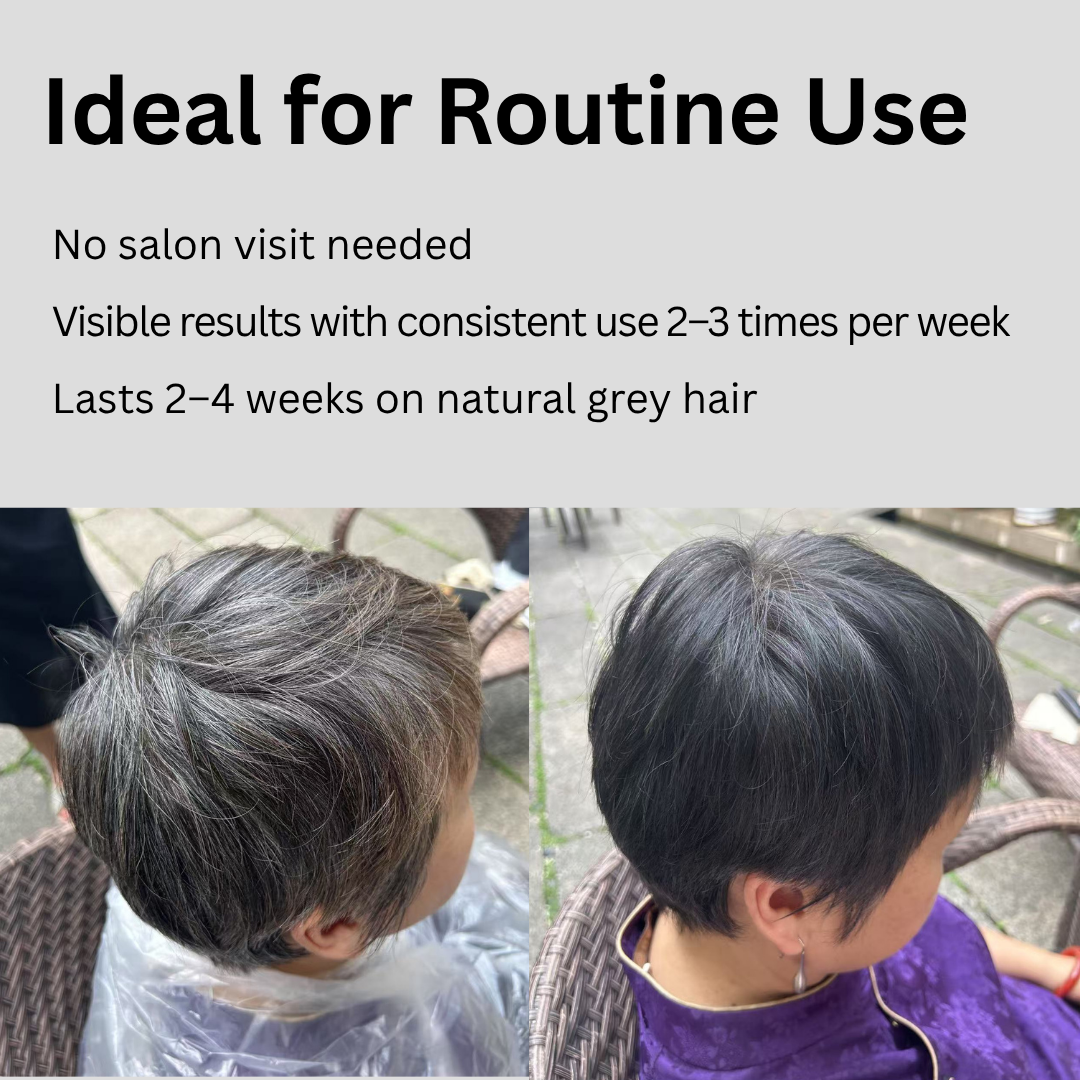 Before and after comparison of hair color treatment with text indicating no salon visit needed.
