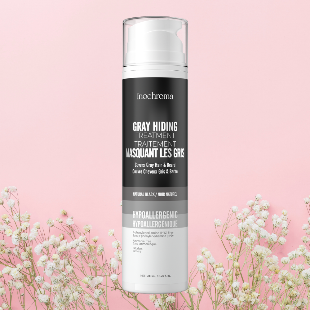Inochroma gray hiding treatment can on a pink background with white flowers
