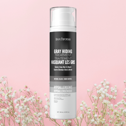 Inochroma gray hiding treatment can on a pink background with white flowers