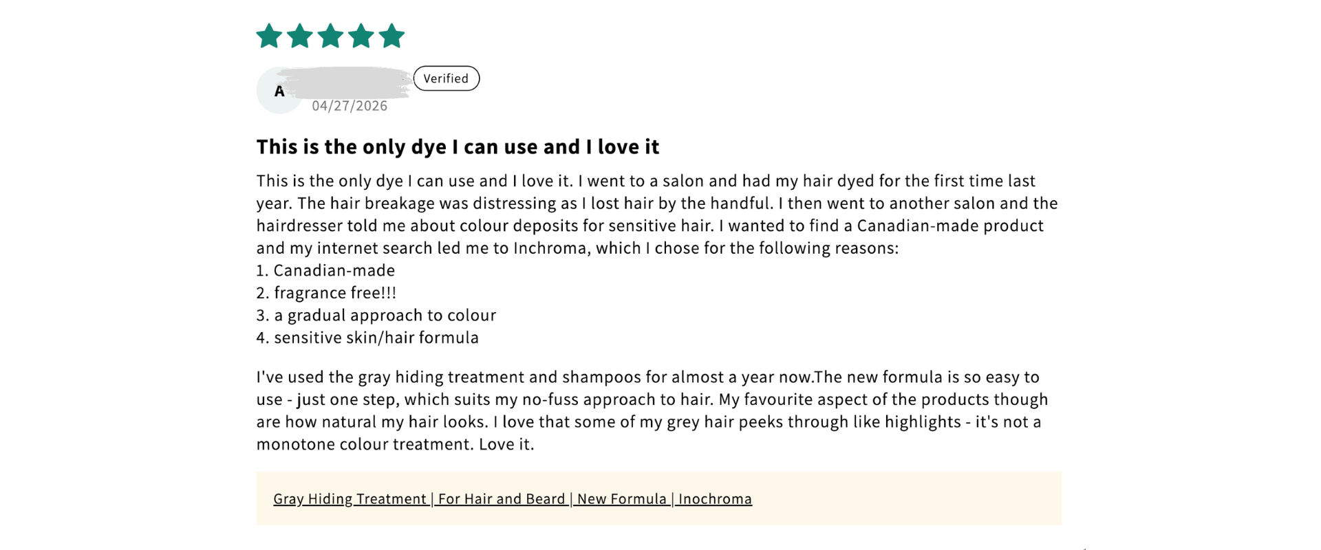 Product review with text and star rating on a white background