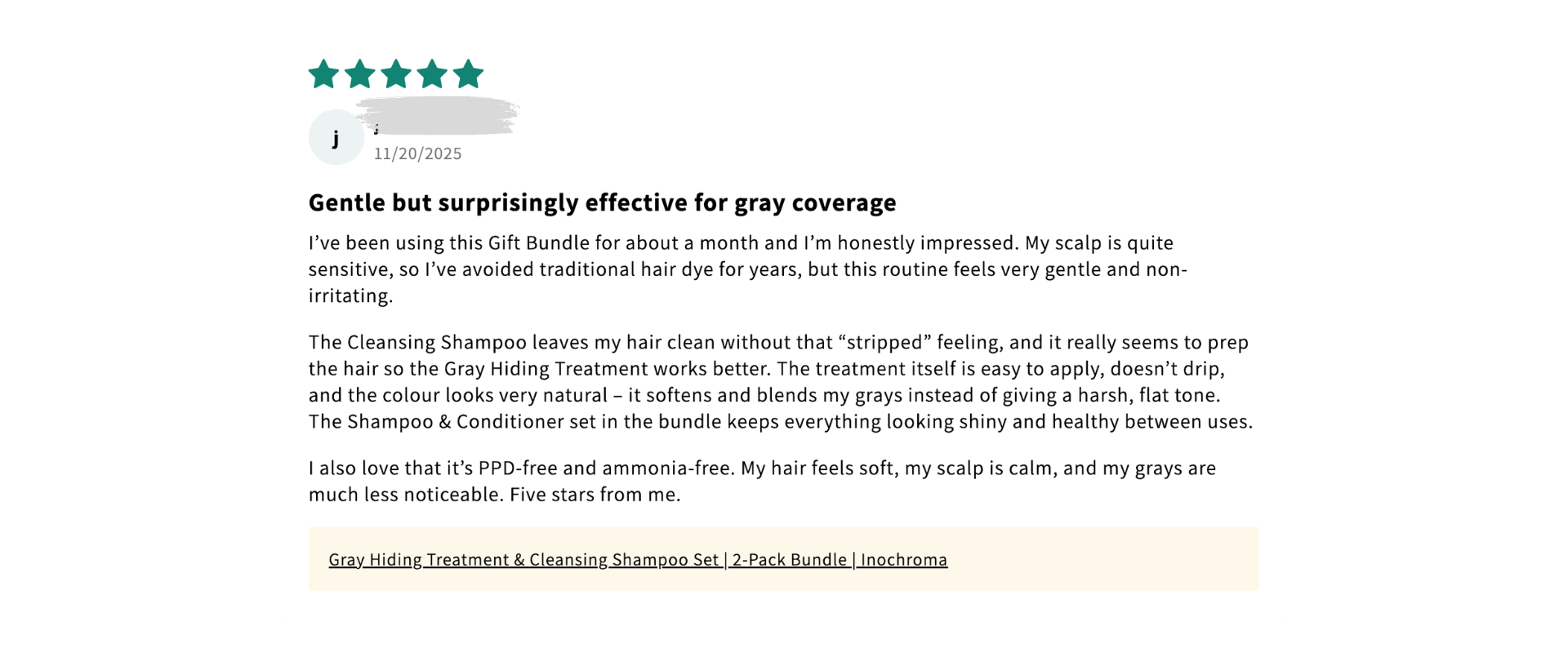 Product review for a gray hair care bundle with text and rating.