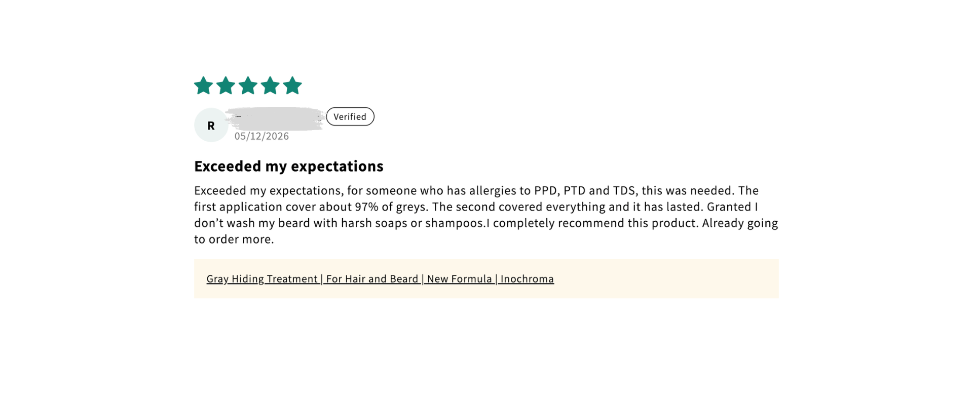 Product review with star rating and text on a white background