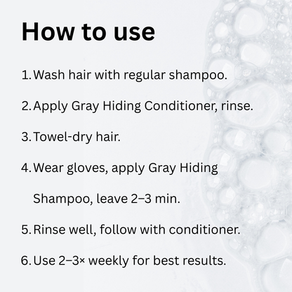 Instructions for using a hair care product with a close-up of bubbles on a white background.