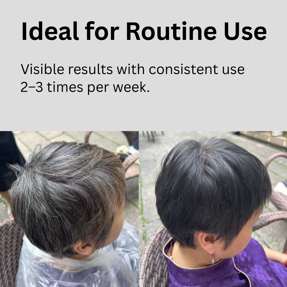 Before and after comparison of hair color treatment with text indicating routine use.