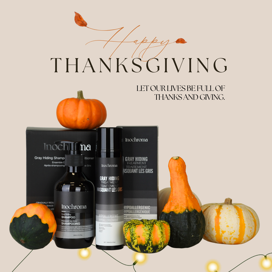 Inochroma hair care products with pumpkins and gourds on a beige background, featuring 'Happy Thanksgiving' text.
