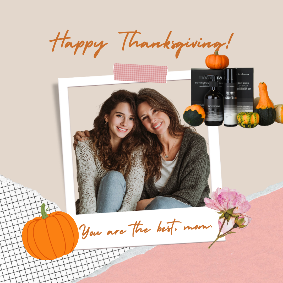 Two women posing together with 'Happy Thanksgiving!' text and product display.
