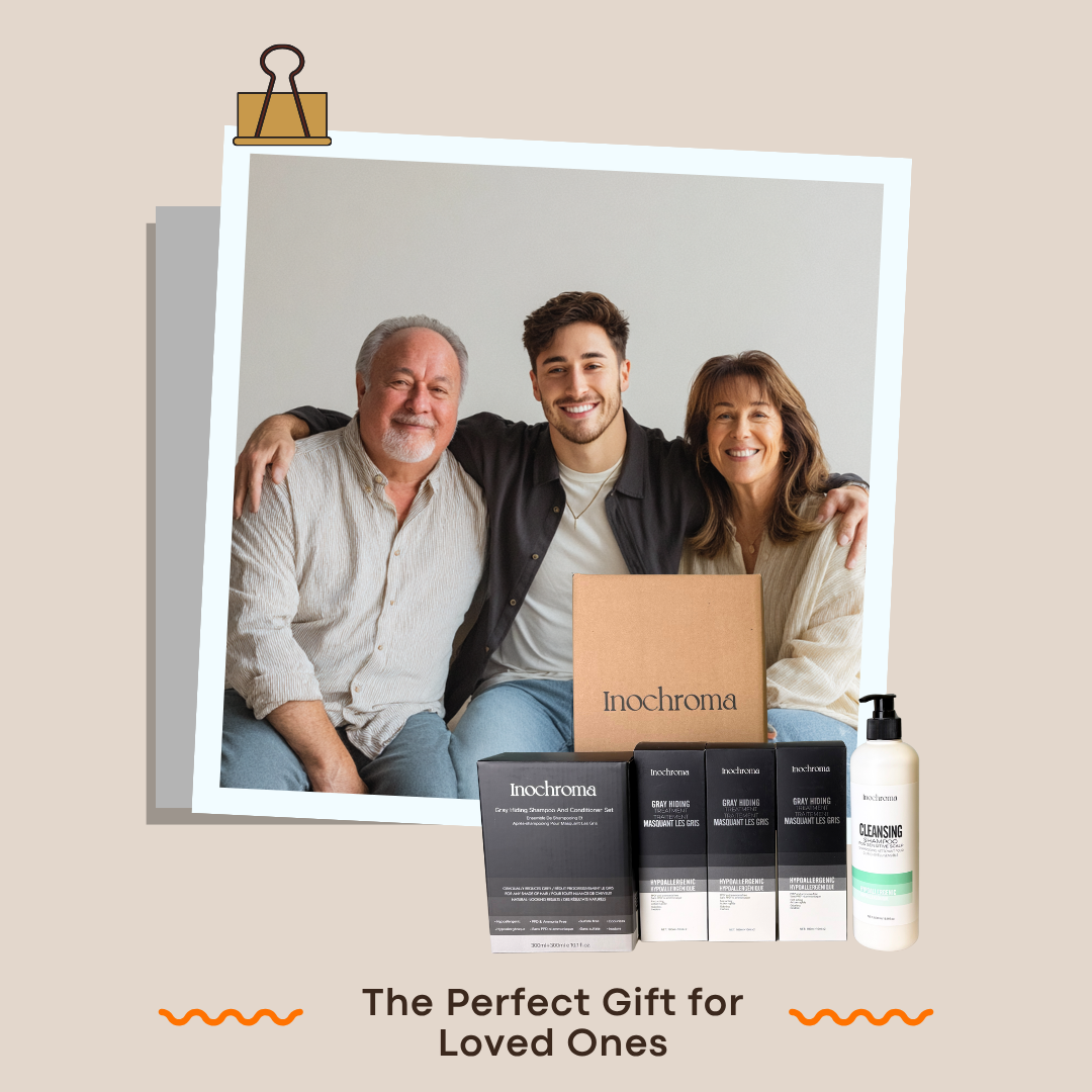 Inochroma skincare products with a family photo in the background on a beige background