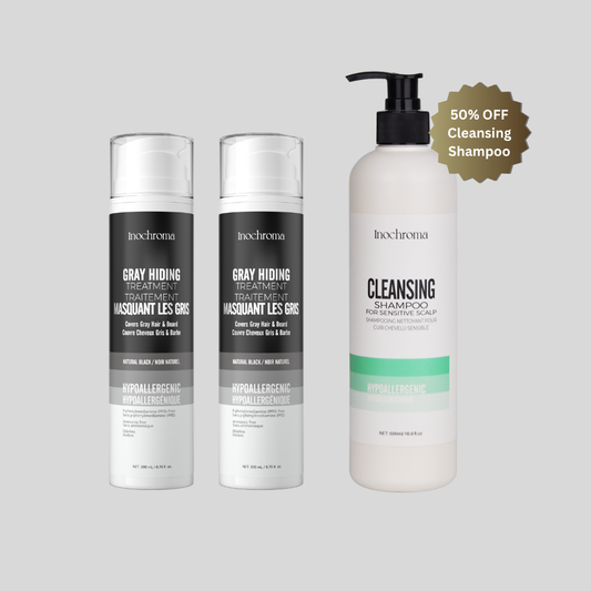 Three Inochroma hair care products on a light gray background