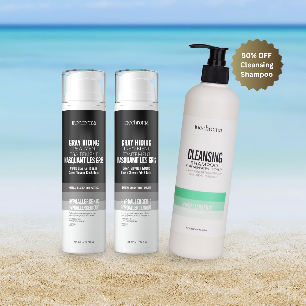 Three hair care products on a beach with a promotional label for cleansing shampoo.