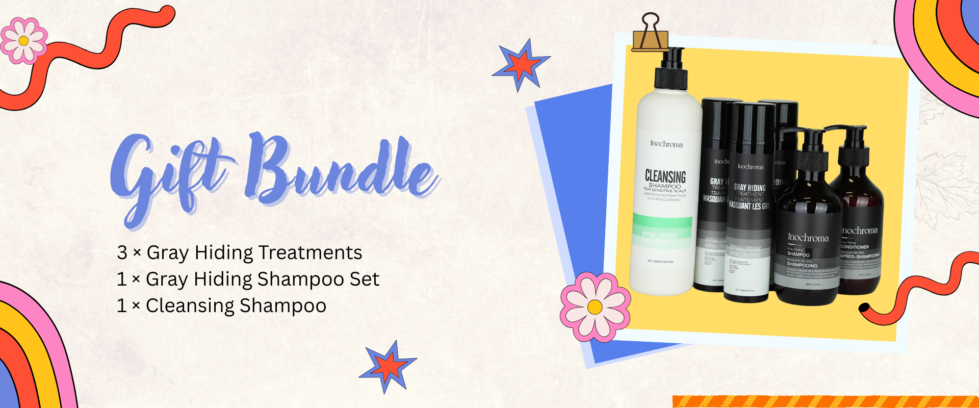 Gift bundle with hair care products on a colorful background