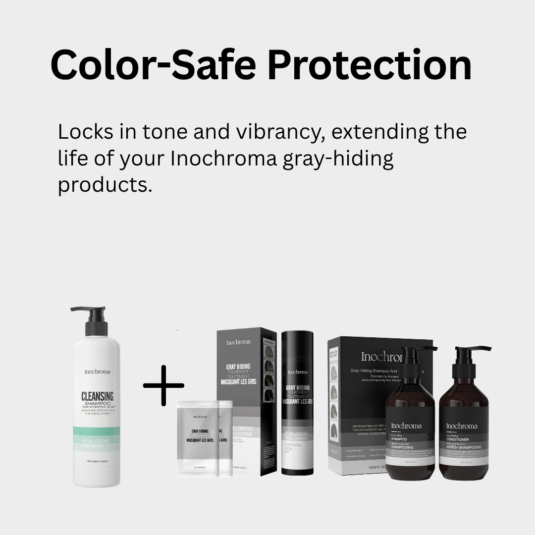Inochroma hair care product lineup with text about color-safe protection on a white background