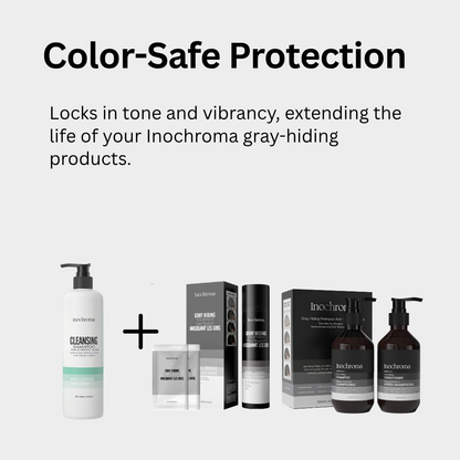 Inochroma hair care product lineup with text about color-safe protection on a white background
