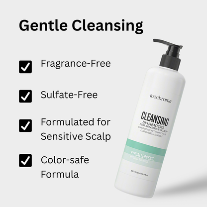 Inochroma cleansing shampoo bottle with features listed on a white background