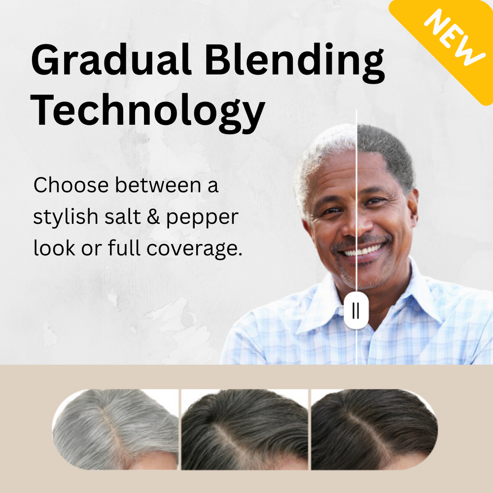 Advertisement for hair product with a man and hair samples, featuring 'Gradual Blending Technology' text.