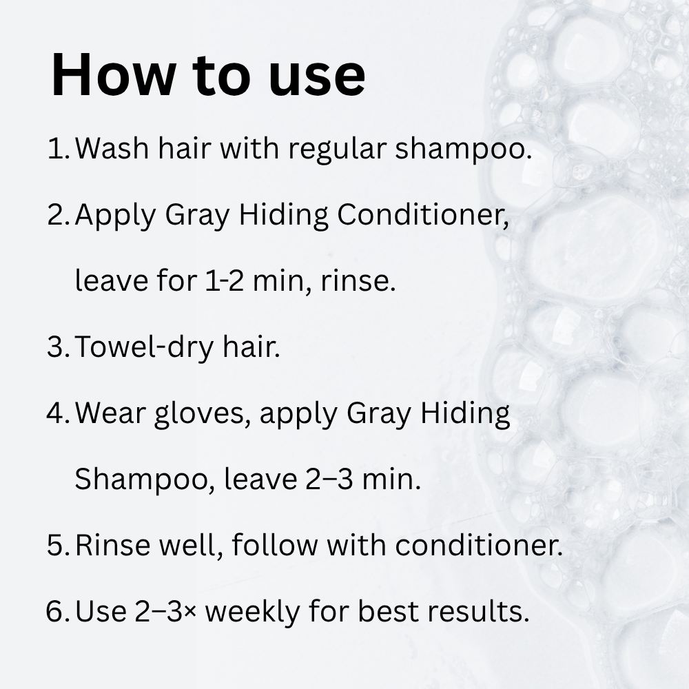 Instructions for using a hair care product with a gray background