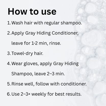 Instructions for using a hair care product with a gray background