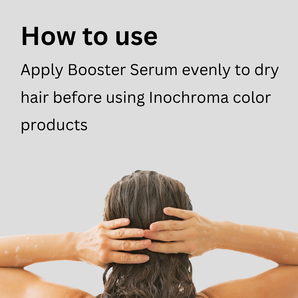 Person applying booster serum to hair with text on how to use Inochroma color products