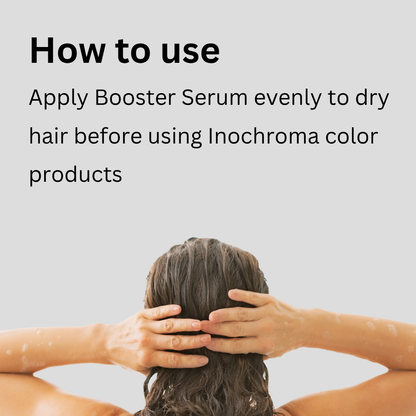 Person applying booster serum to hair with text on how to use Inochroma color products