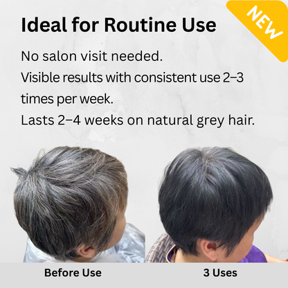 Before and after comparison of hair color treatment with text indicating routine use and results.