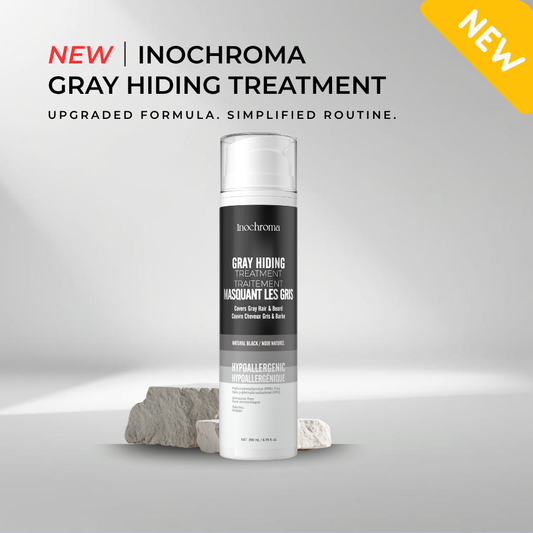 Inochroma gray hiding treatment bottle on a gray background with 'NEW' label.