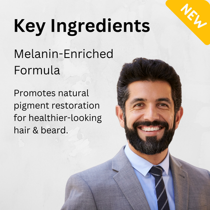 Man in a suit with text about melanin-enriched formula on a light gray background