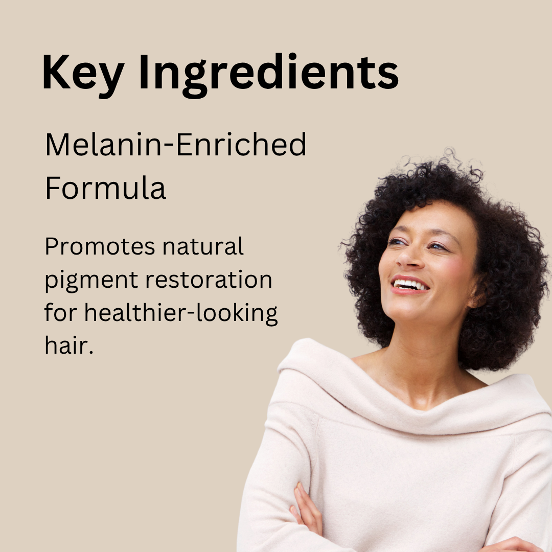 Woman with natural hair against a beige background with text about a melanin-enriched formula.