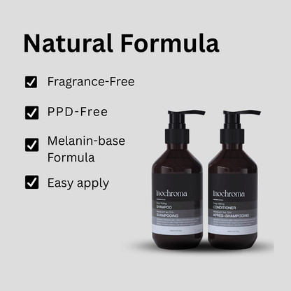 Two bottles of Inochrome shampoo and conditioner with features listed on a gray background