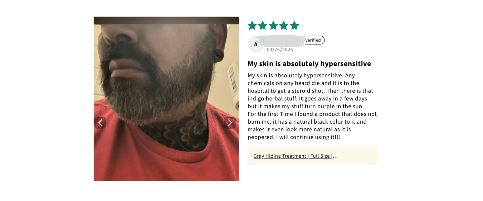 Person with a tattooed neck and red shirt, with a product review rating displayed on the right.
