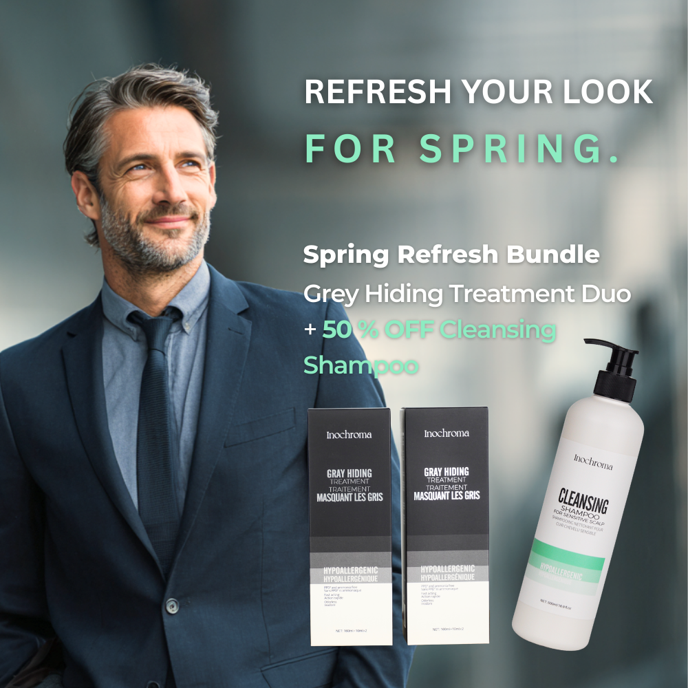 Man in a suit with hair care products and text promoting a spring refresh bundle.