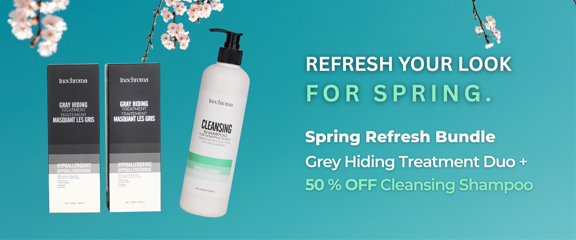 Cosmetic products with promotional text on a teal background