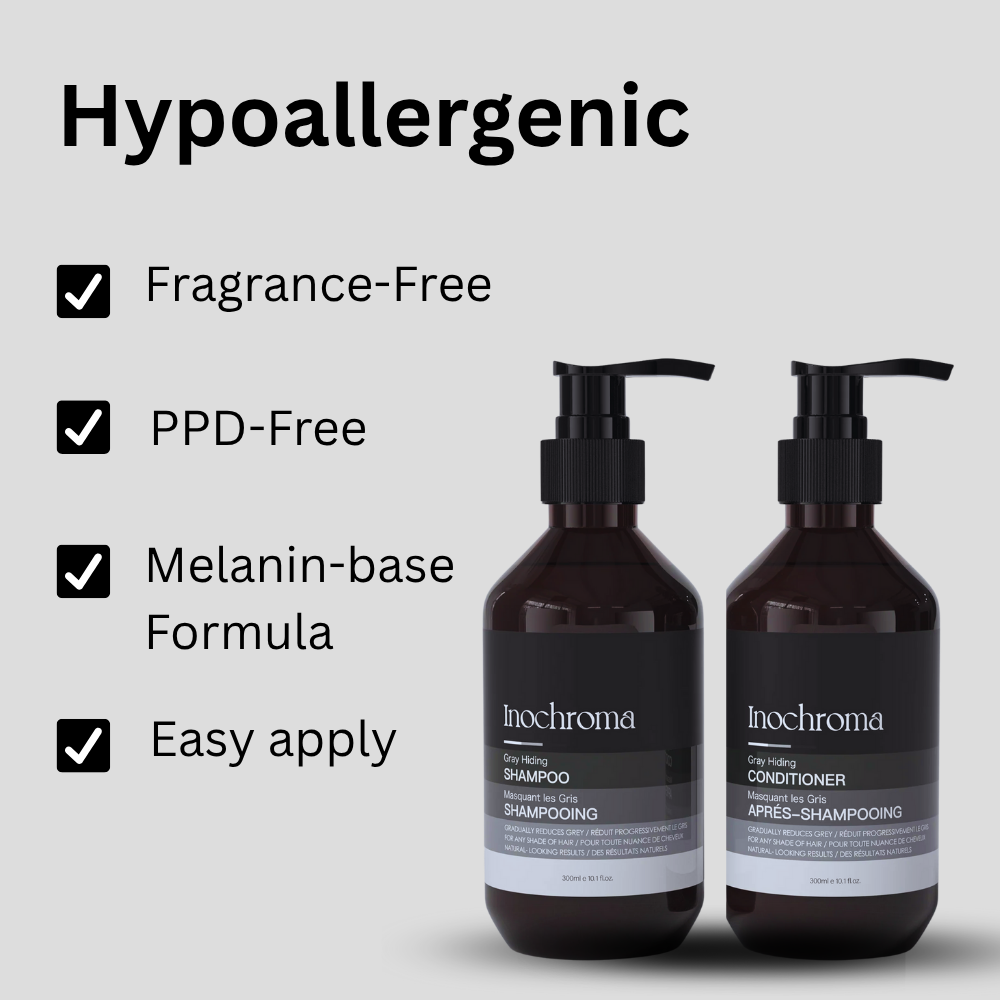 Two bottles of Inochroma hair care products with features listed on a gray background.