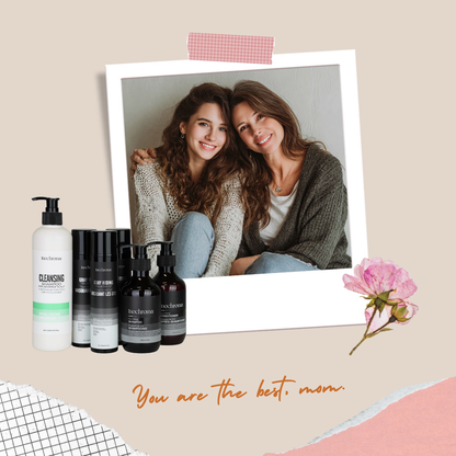 Cosmetic products with a photo of two women and a pink flower on a beige background.